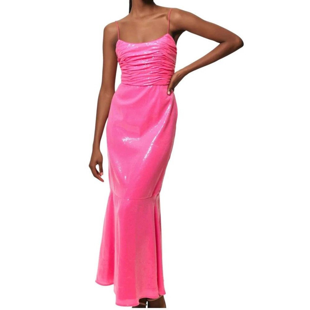 Hutch Sequin Maxi Dress Womens 2 Hot Pink New Ruched Spaghetti Strap Gown Square